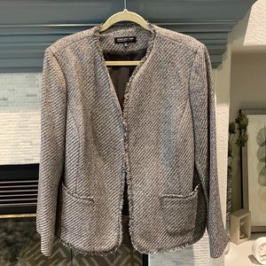Jones New York Silver Gray Tweed Fringe Trim Blazer 14W